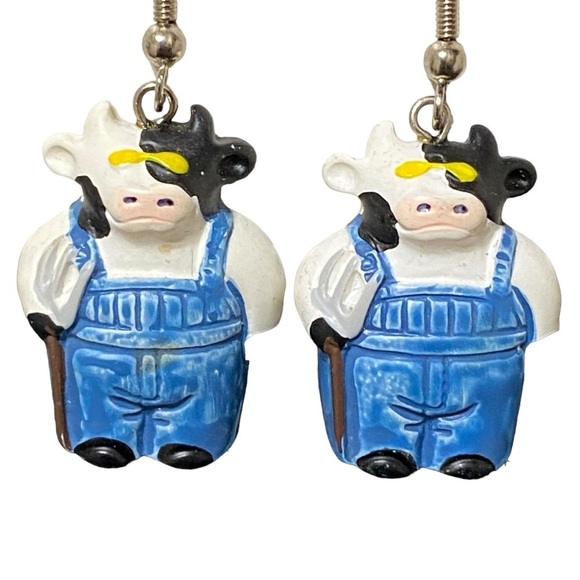 Vintage 90s Claire’s Cow Earrings Farm Animal Western Kitsch Y2K Dangle 1.5” - Picture 1 of 4